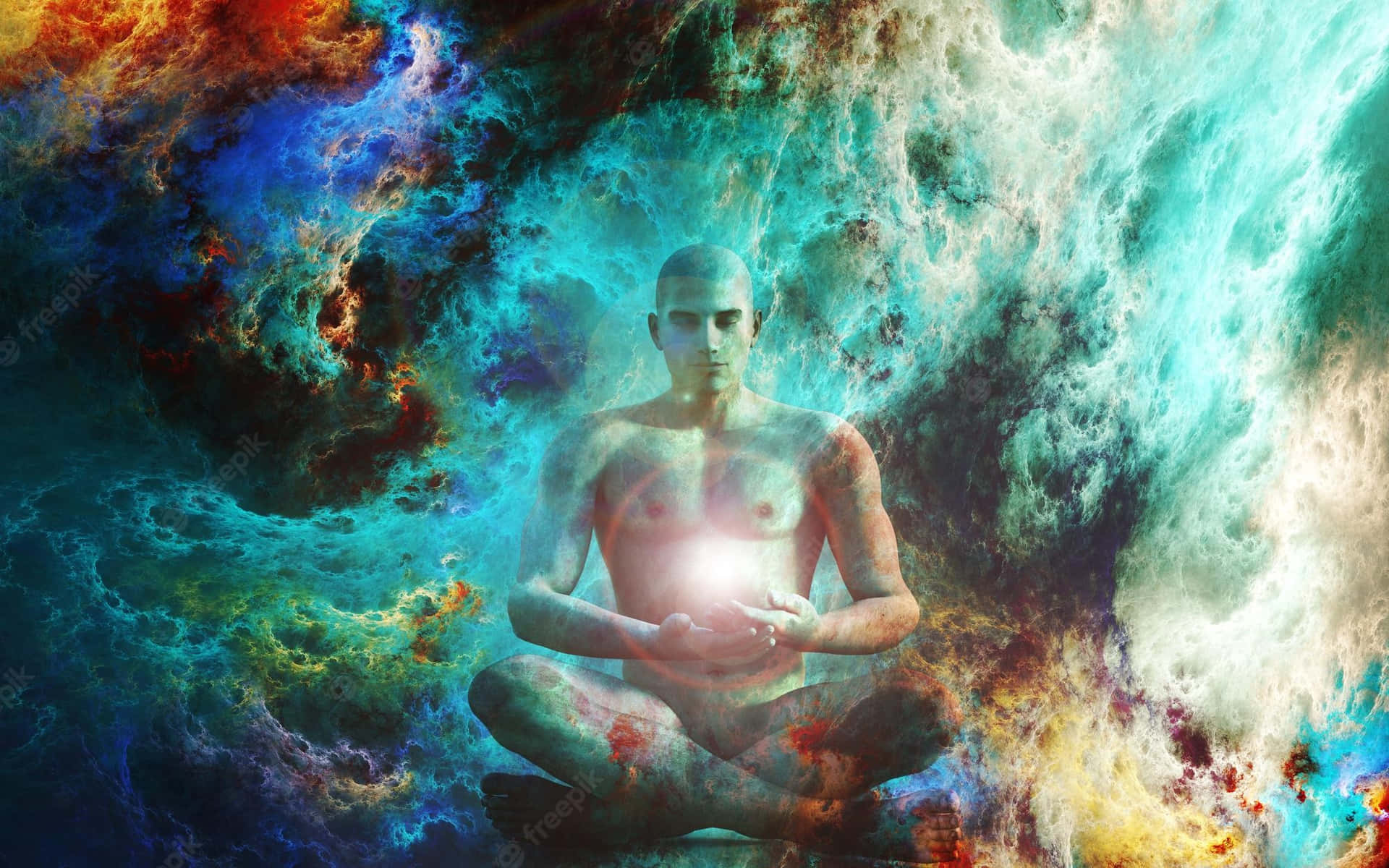 A Man In Meditation With A Glowing Light In His Hands Background