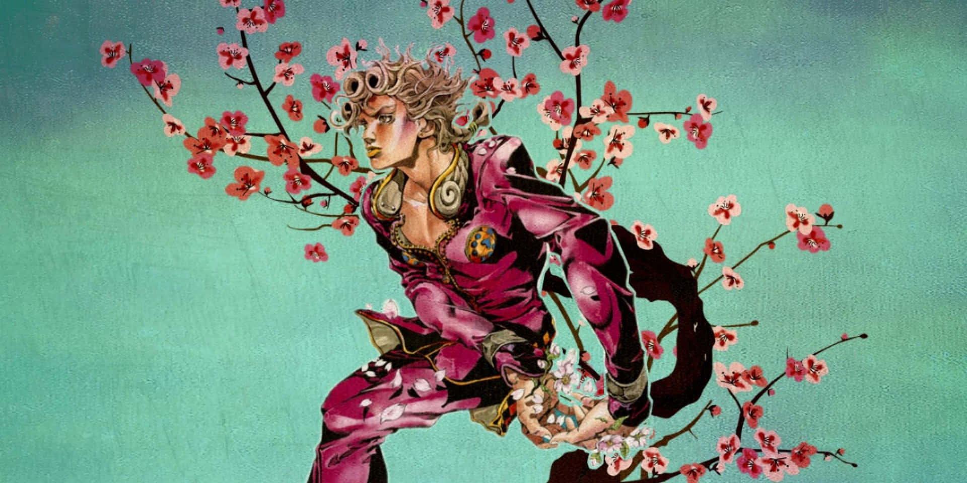 A Man In Pink Is Holding A Branch With Flowers Background
