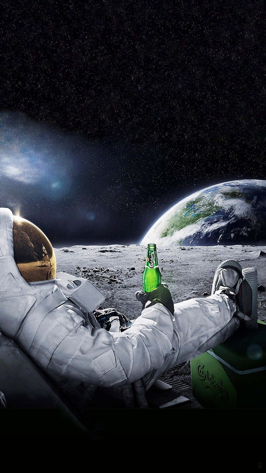 A Man In Space With A Beer Bottle Background