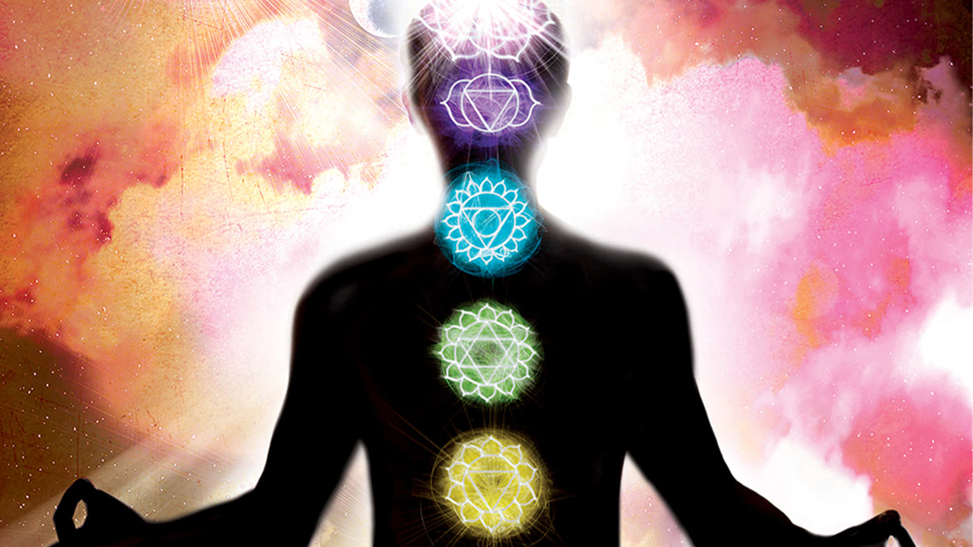 A Man In Yoga With Seven Chakras Background