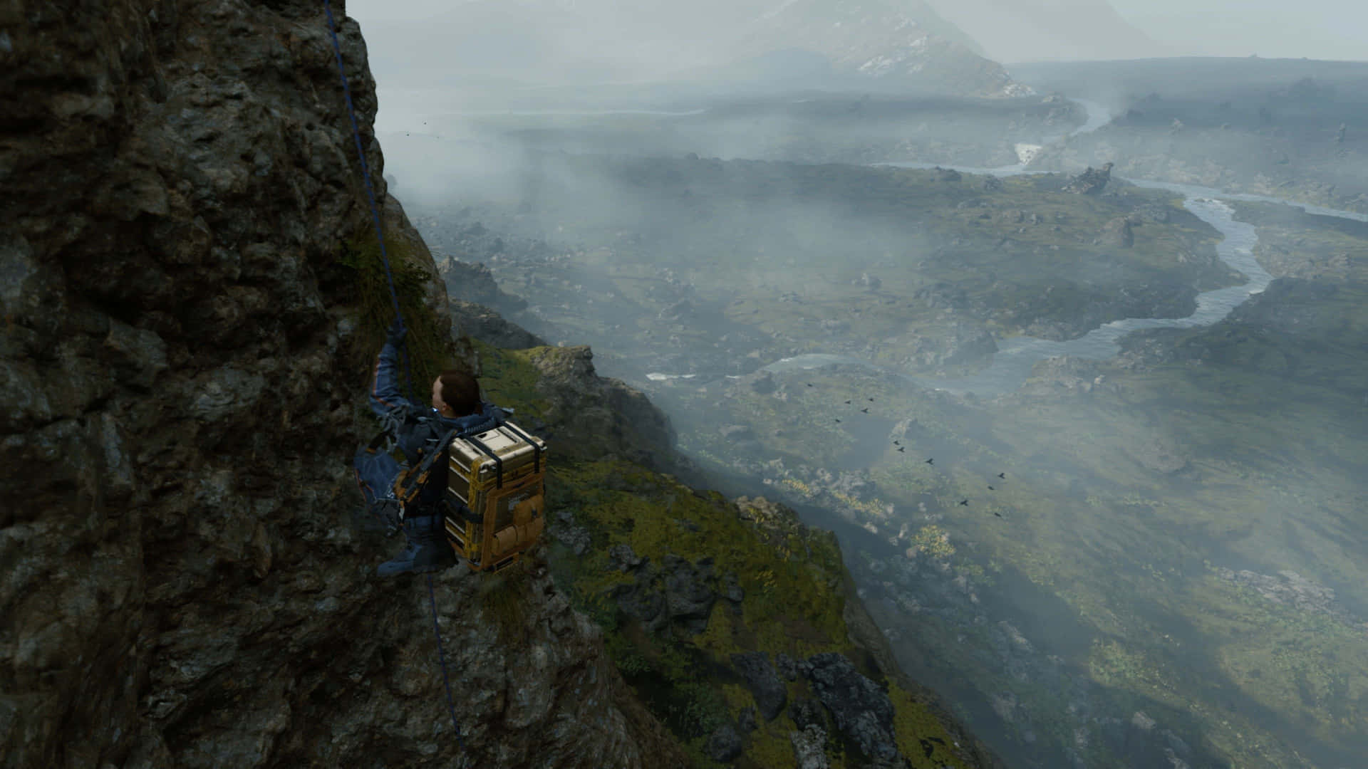 A Man Is Climbing A Cliff In A Video Game Background