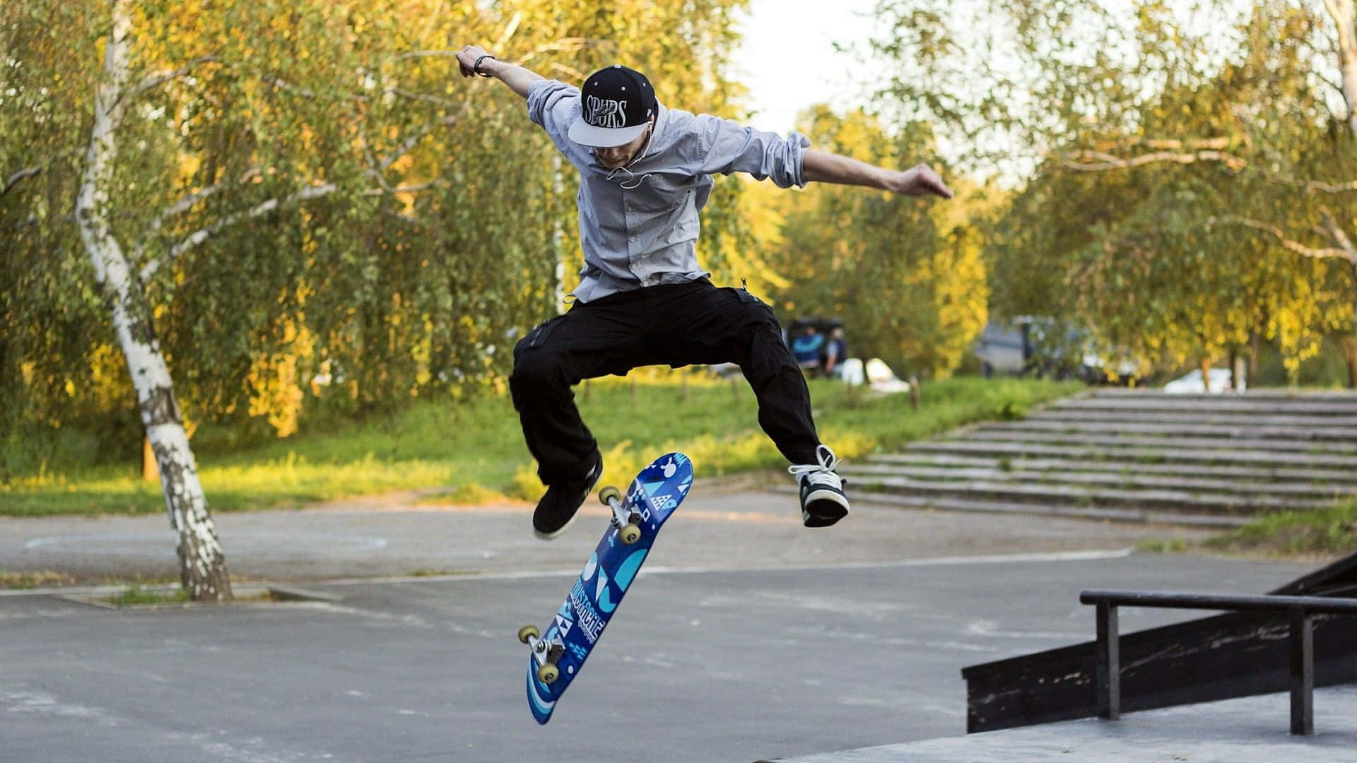 A Man Is Doing A Trick On A Skateboard Background