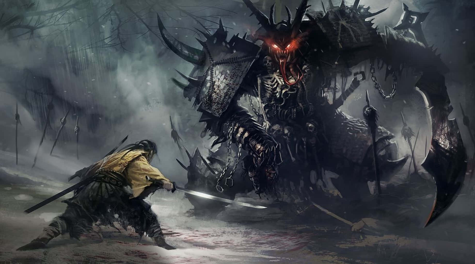 A Man Is Fighting A Demon In The Forest Background