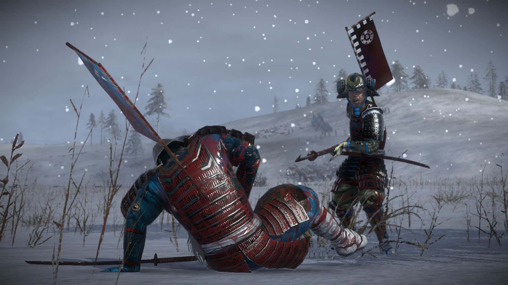 A Man Is Fighting With A Sword In The Snow Background