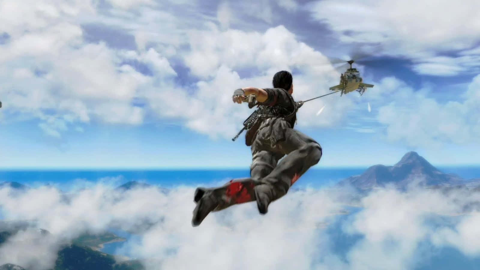 A Man Is Flying In The Air Above The Clouds Background