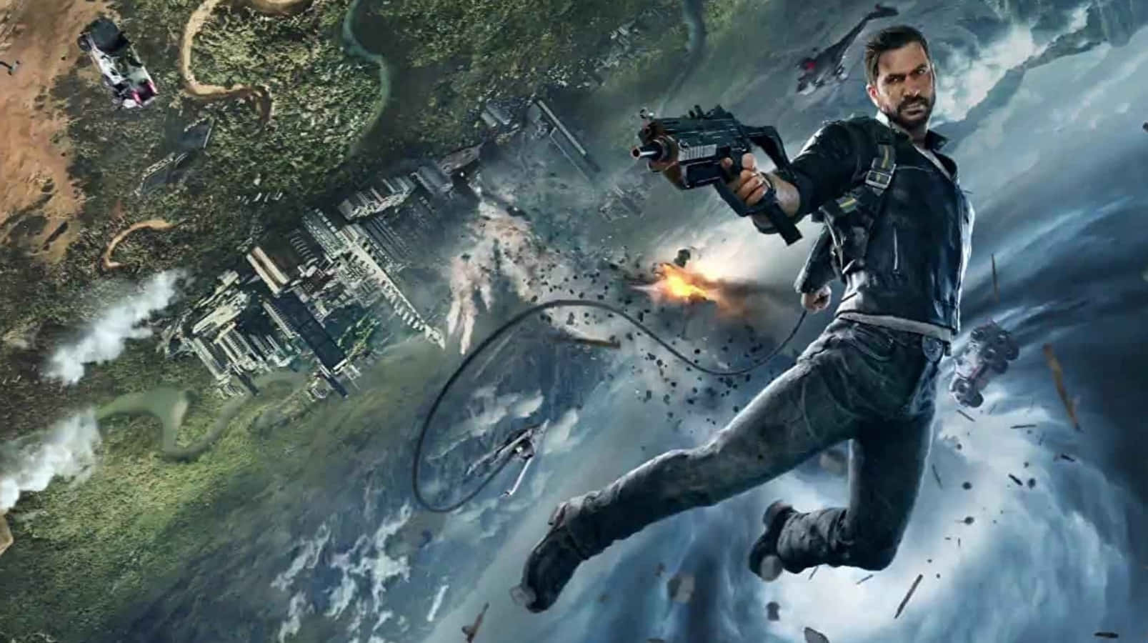 A Man Is Flying In The Air With A Gun Background