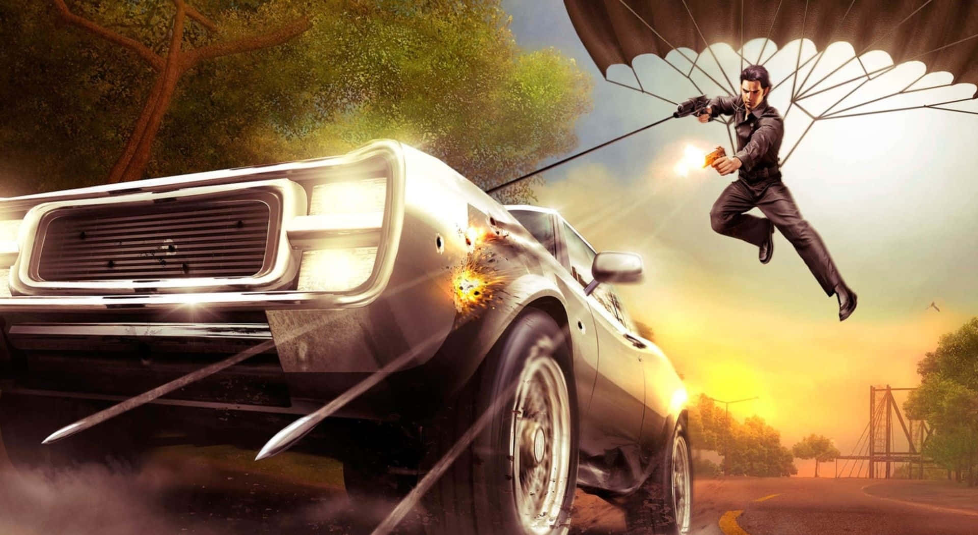 A Man Is Flying Over A Car With A Parachute Background