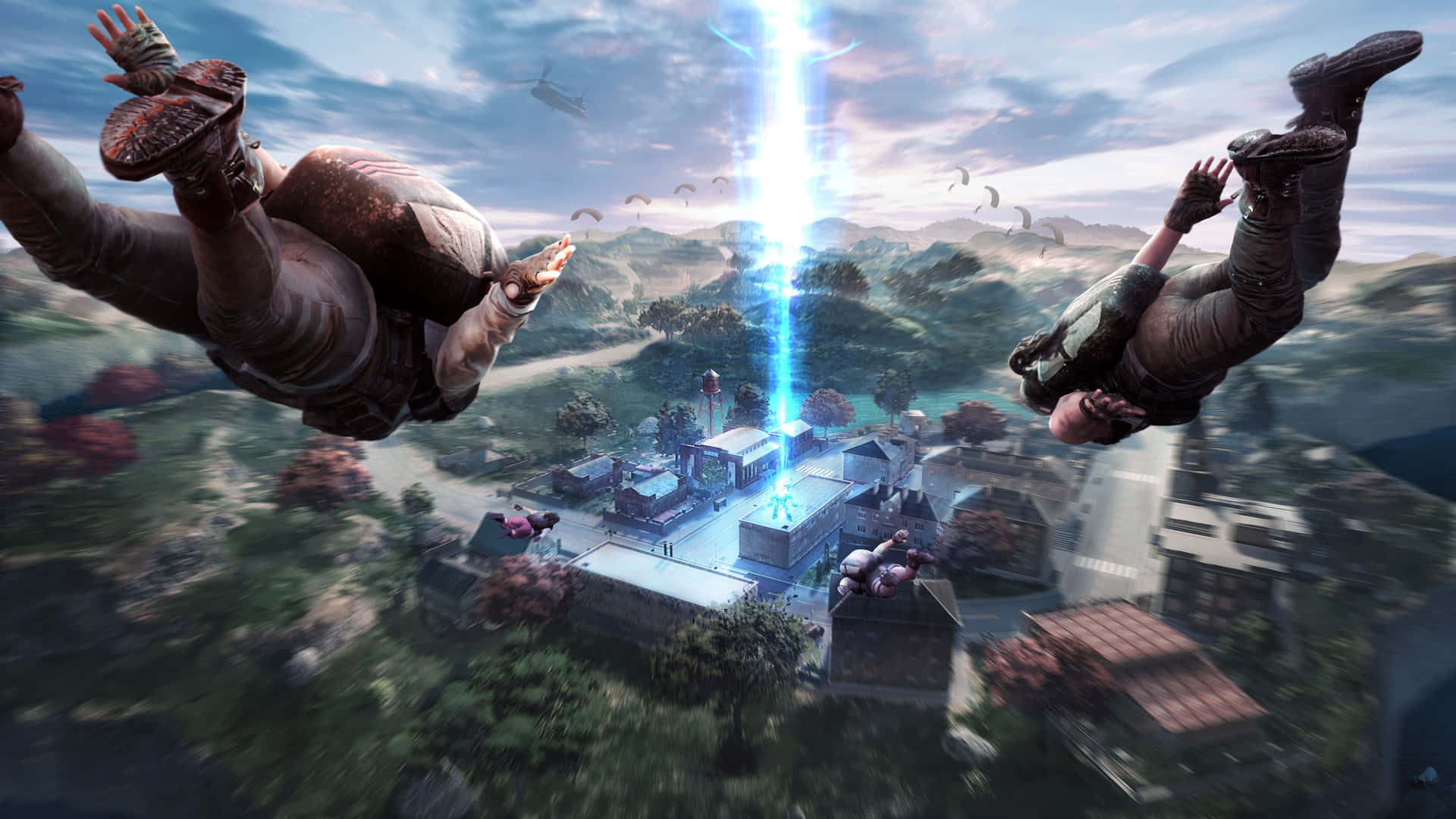 A Man Is Flying Over A City With A Light In The Sky Background