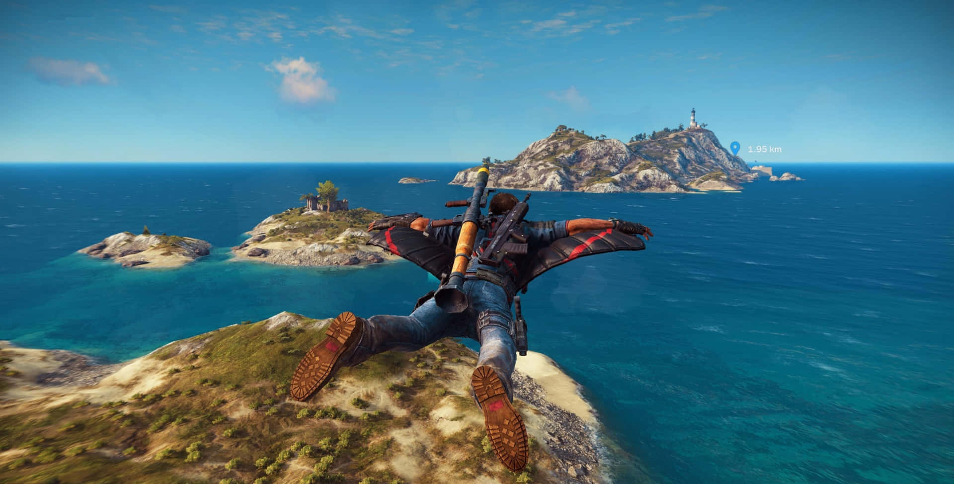 A Man Is Flying Over An Island In A Video Game Background