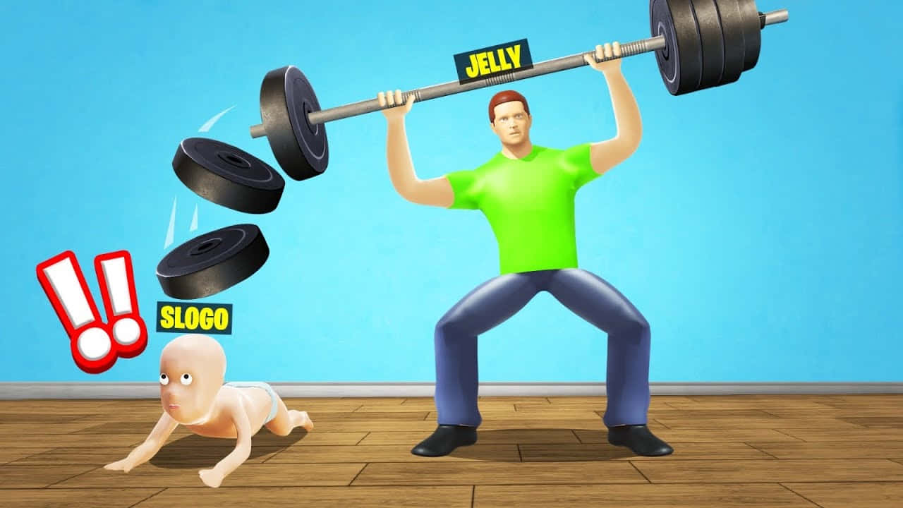 A Man Is Holding A Barbell While Holding A Baby Background