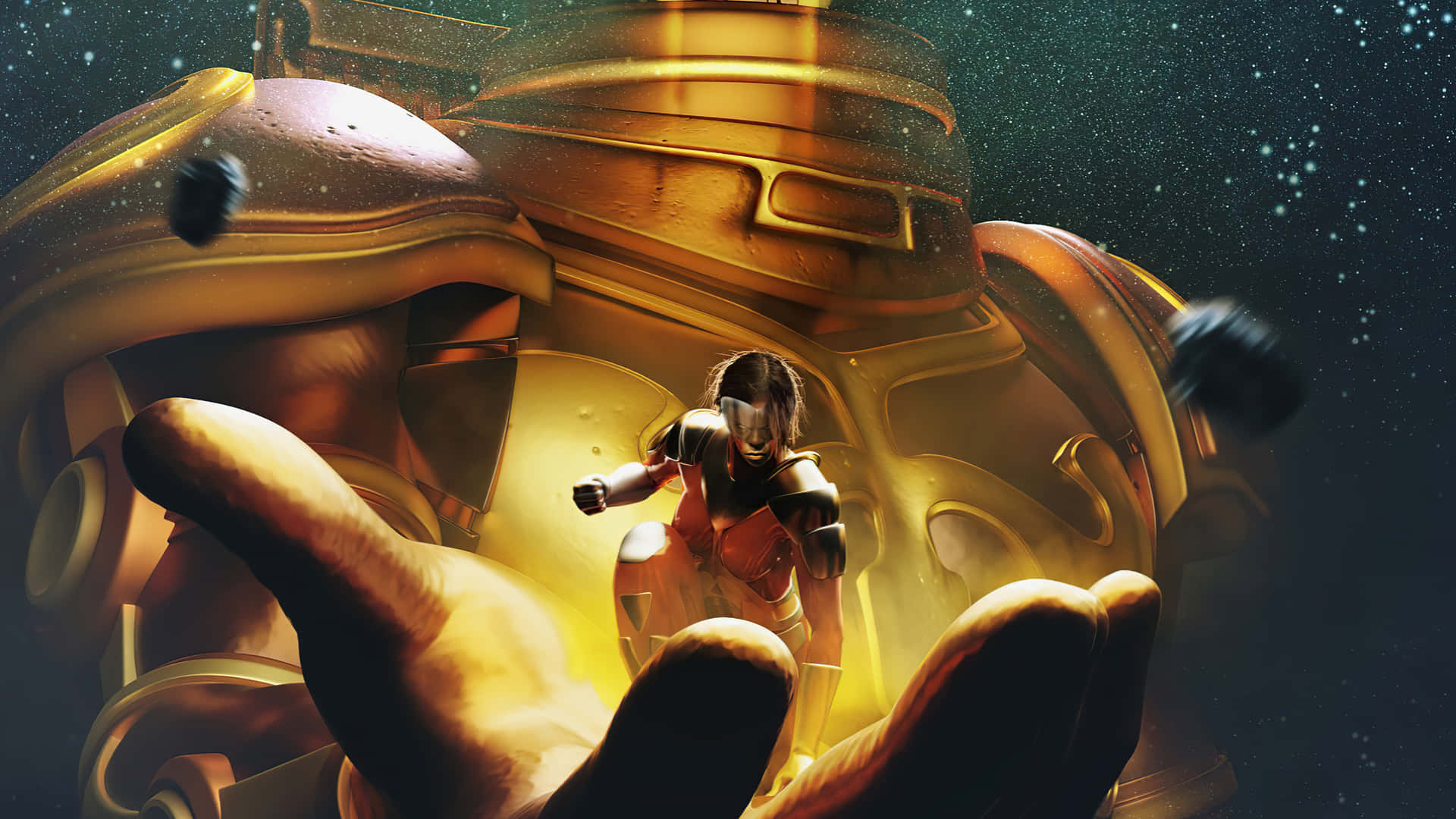 A Man Is Holding A Golden Robot In His Hand Background