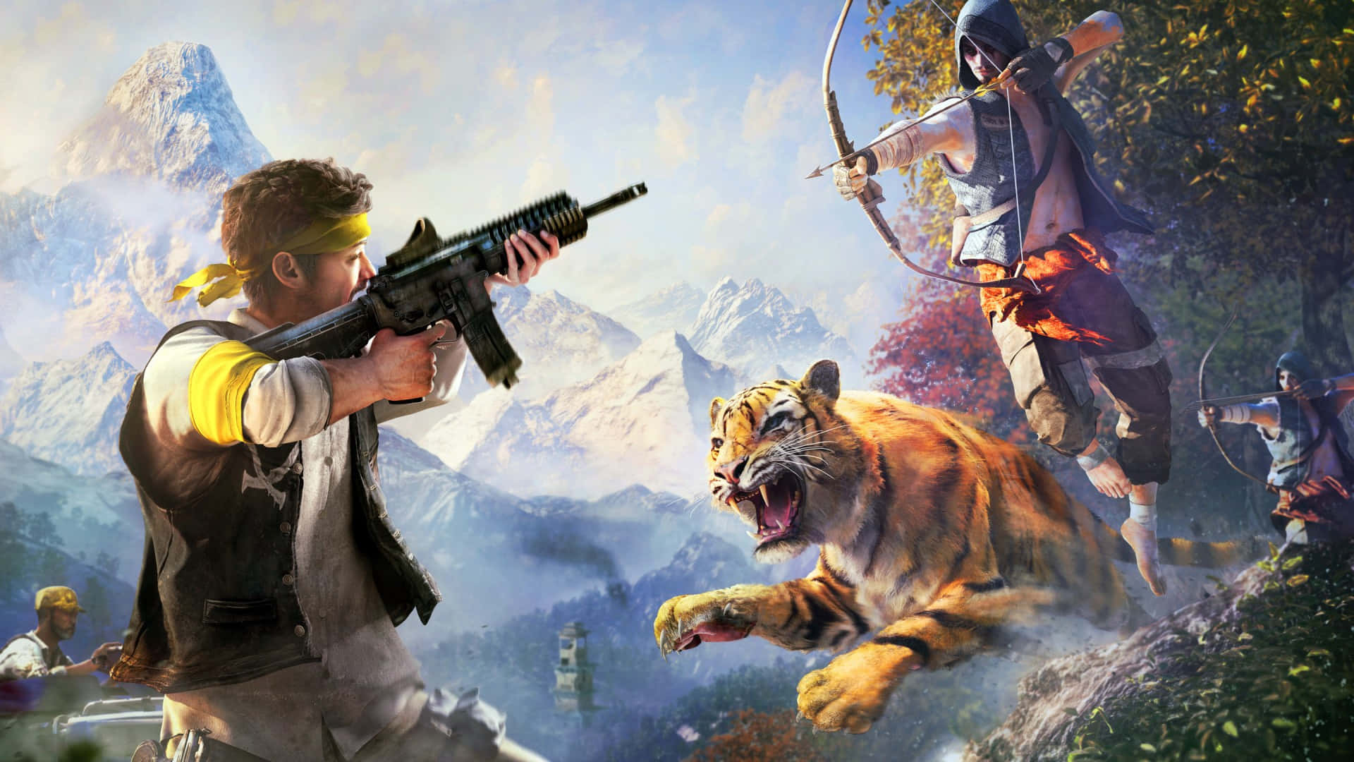 A Man Is Holding A Gun And A Tiger Background