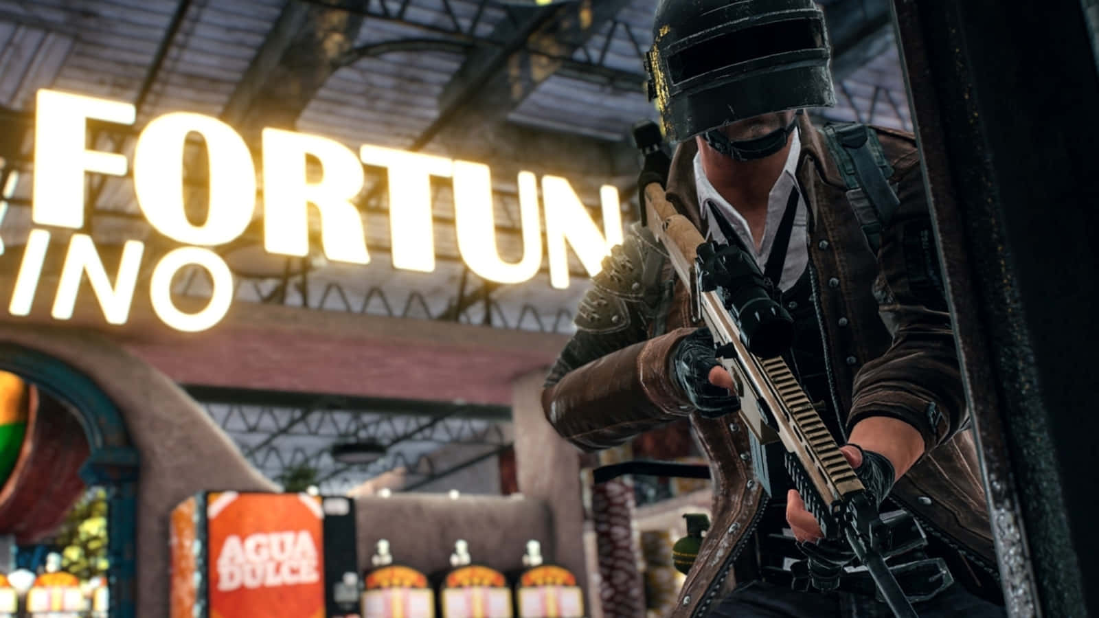 A Man Is Holding A Gun In Front Of A Casino Background