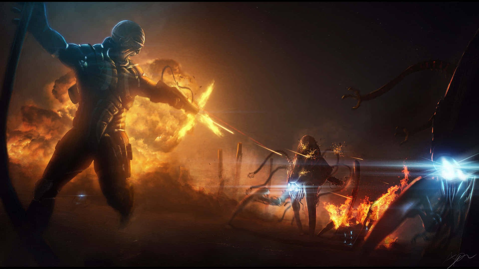 A Man Is Holding A Sword And A Fire Background