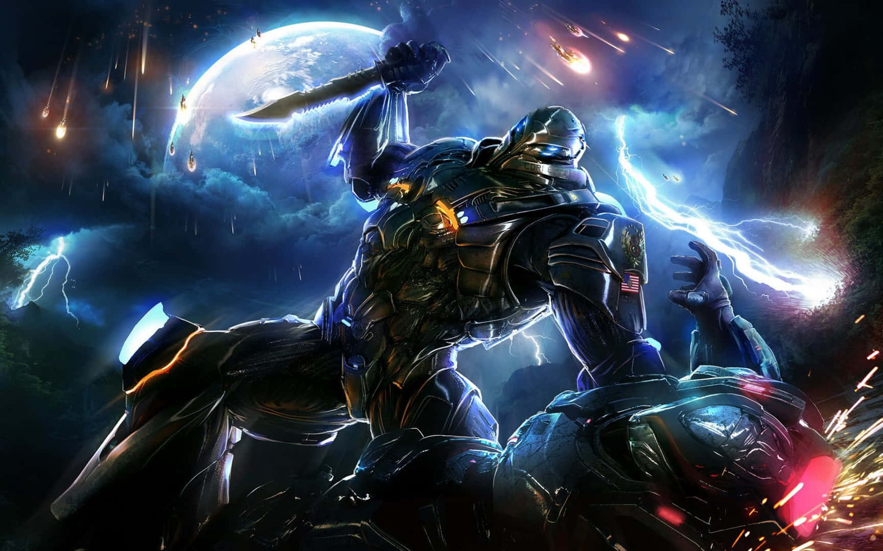A Man Is Holding A Sword In Front Of A Dark Sky Background