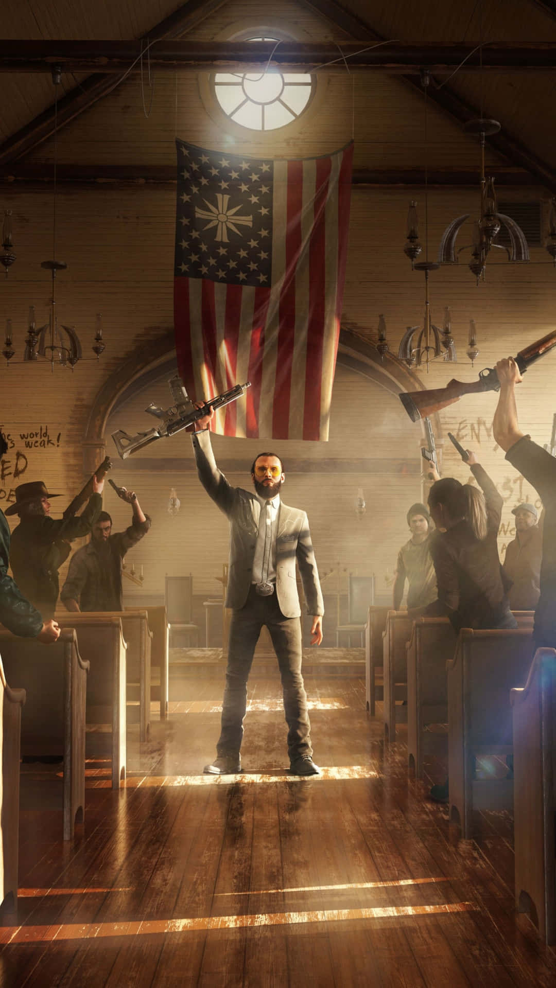 A Man Is Holding An American Flag In A Church Background