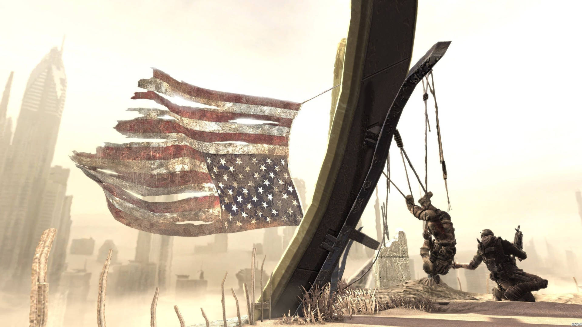 A Man Is Holding An American Flag In Front Of A City Background