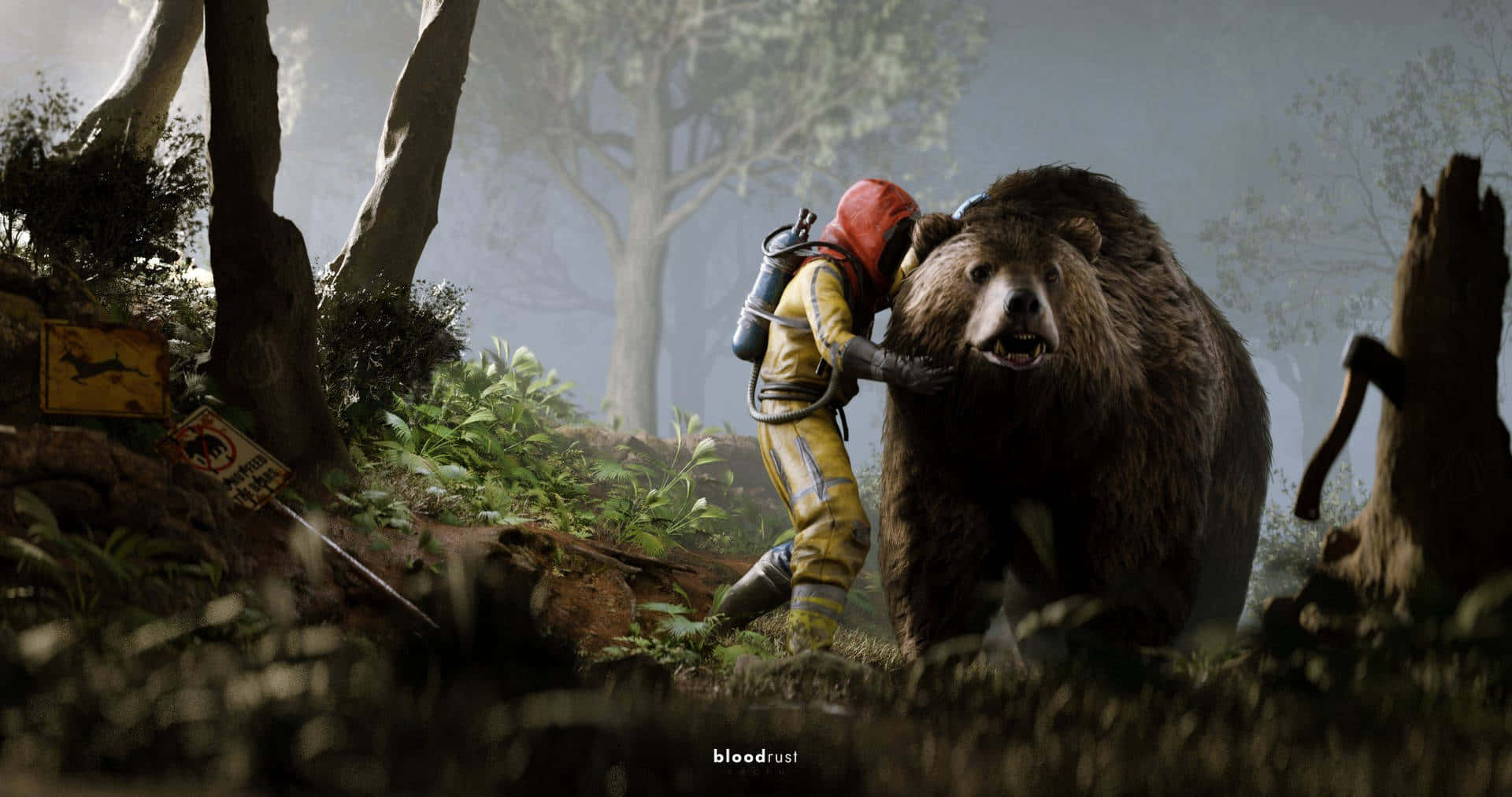 A Man Is Hugging A Bear In The Woods Background