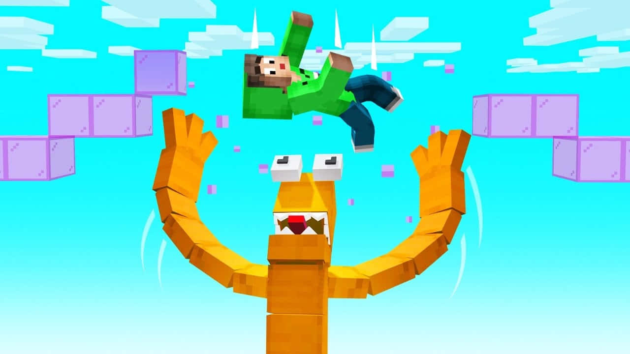 A Man Is Jumping Over A Block In Minecraft Background