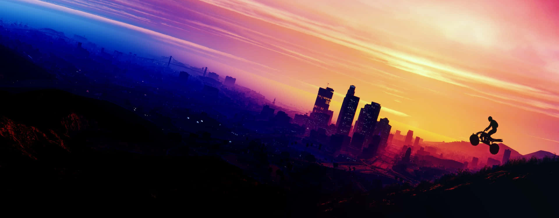 A Man Is Jumping Over A City At Sunset Background