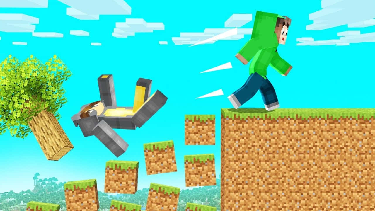 A Man Is Jumping Over A Tree In Minecraft Background