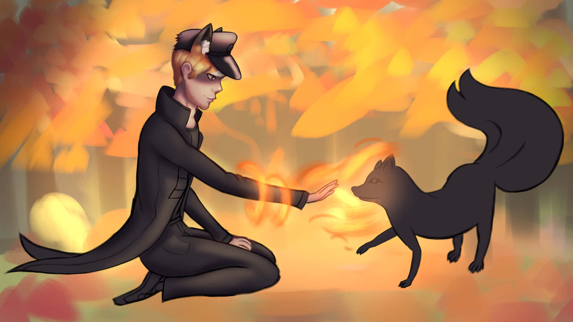 A Man Is Petting A Black Cat In The Forest Background