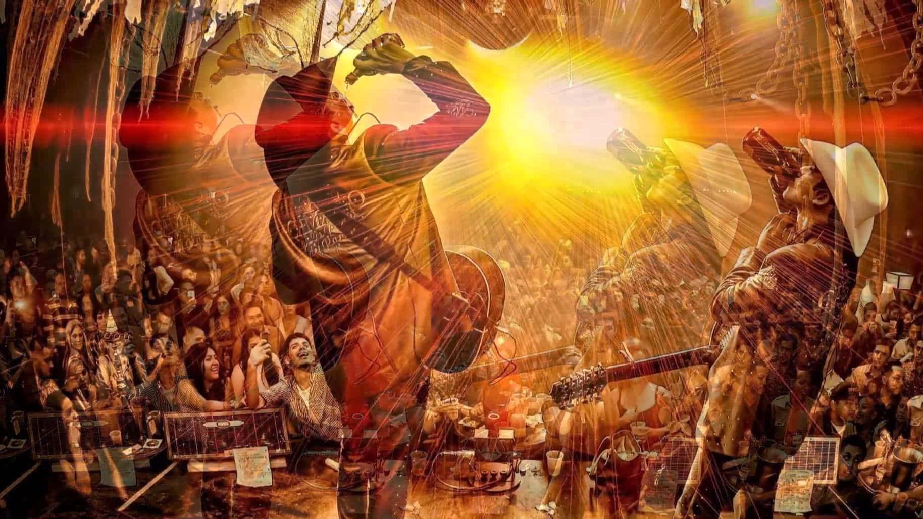 A Man Is Playing Guitar In Front Of A Crowd Background