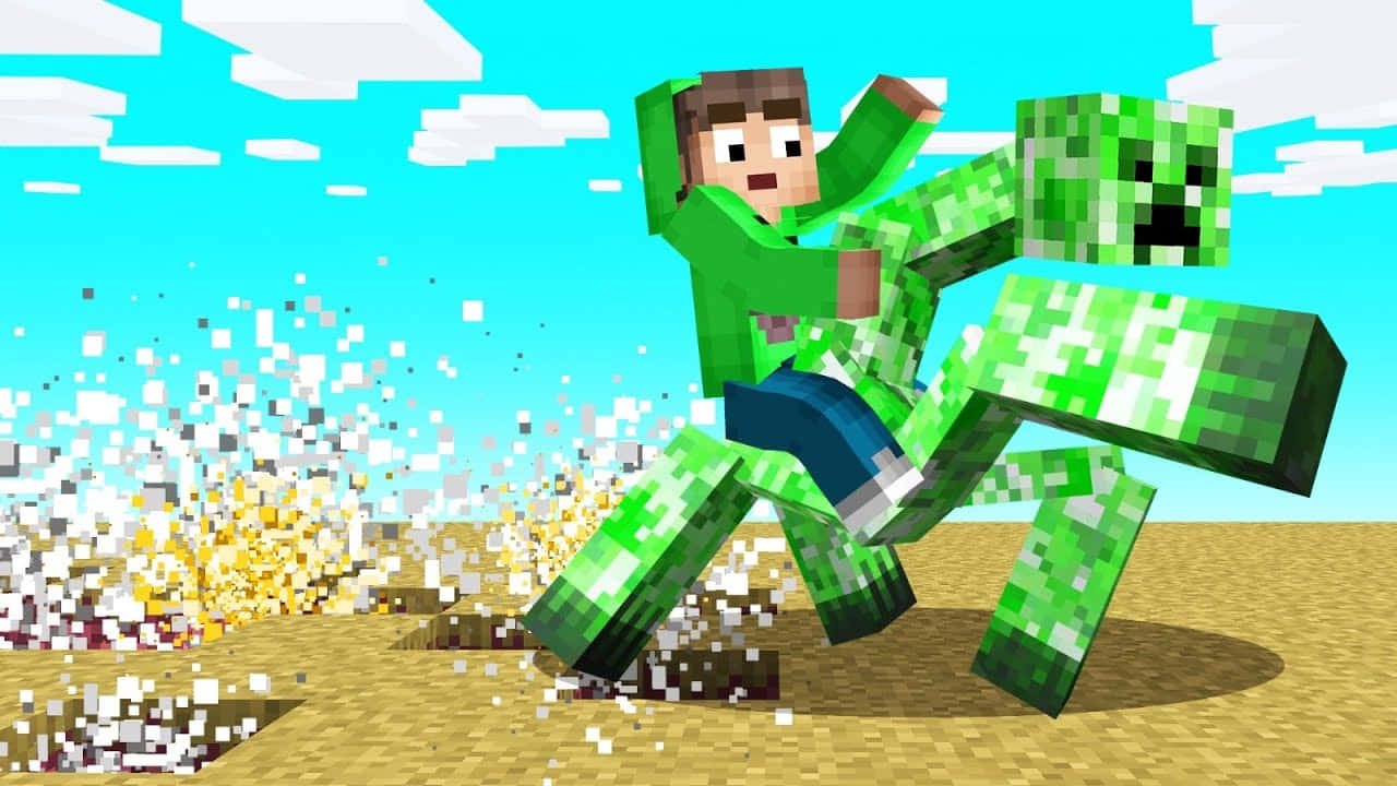 A Man Is Riding A Green Monster In Minecraft Background