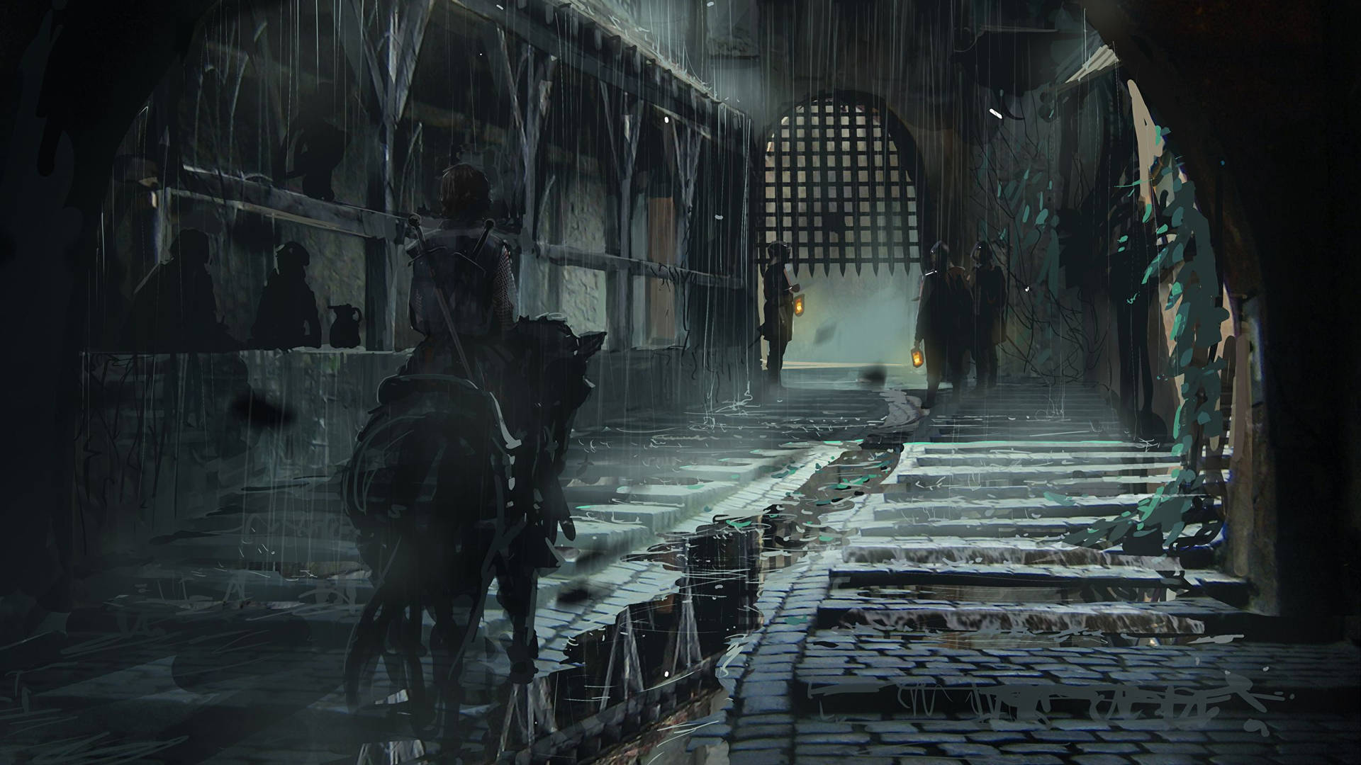 A Man Is Riding A Horse Down A Dark Alley Background