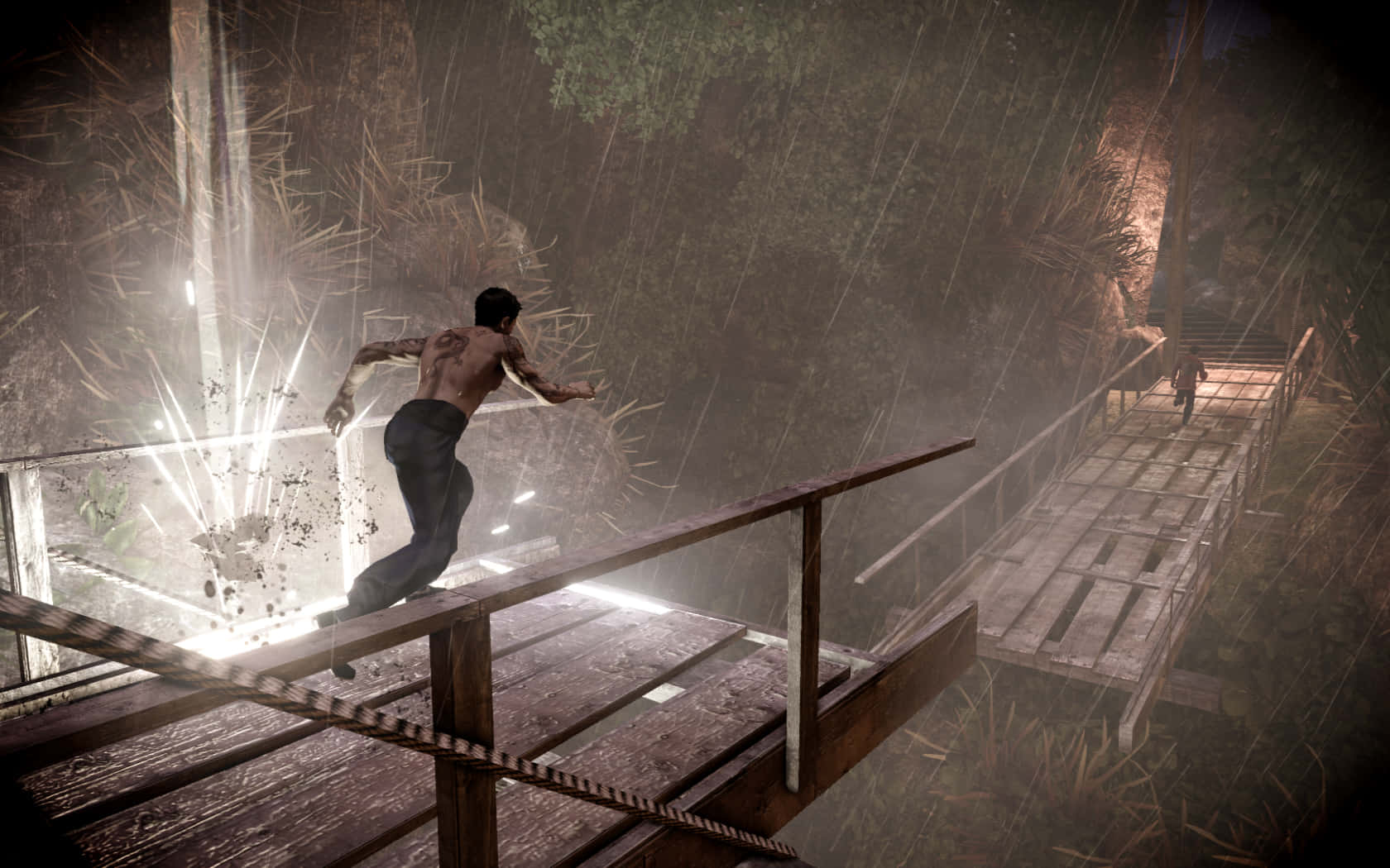 A Man Is Running On A Bridge In The Dark Background