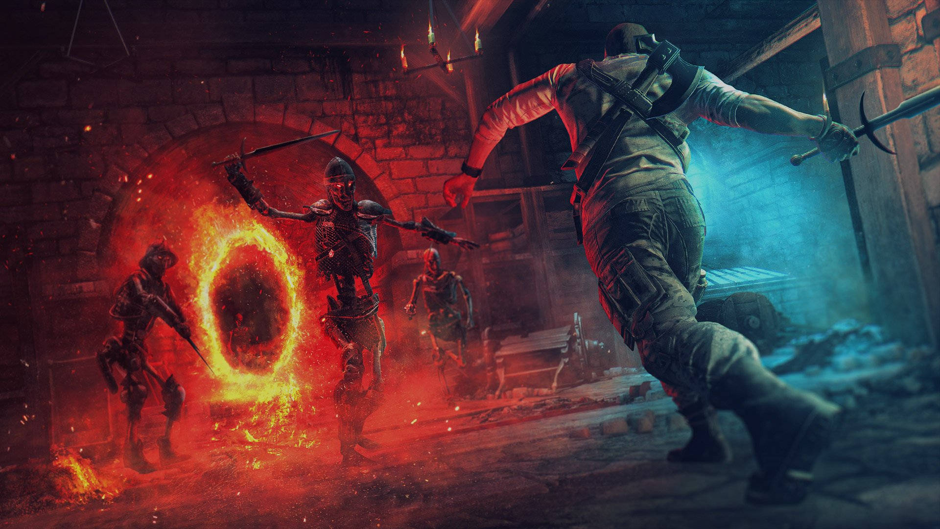 A Man Is Running Through A Dark Hallway With A Fire Background