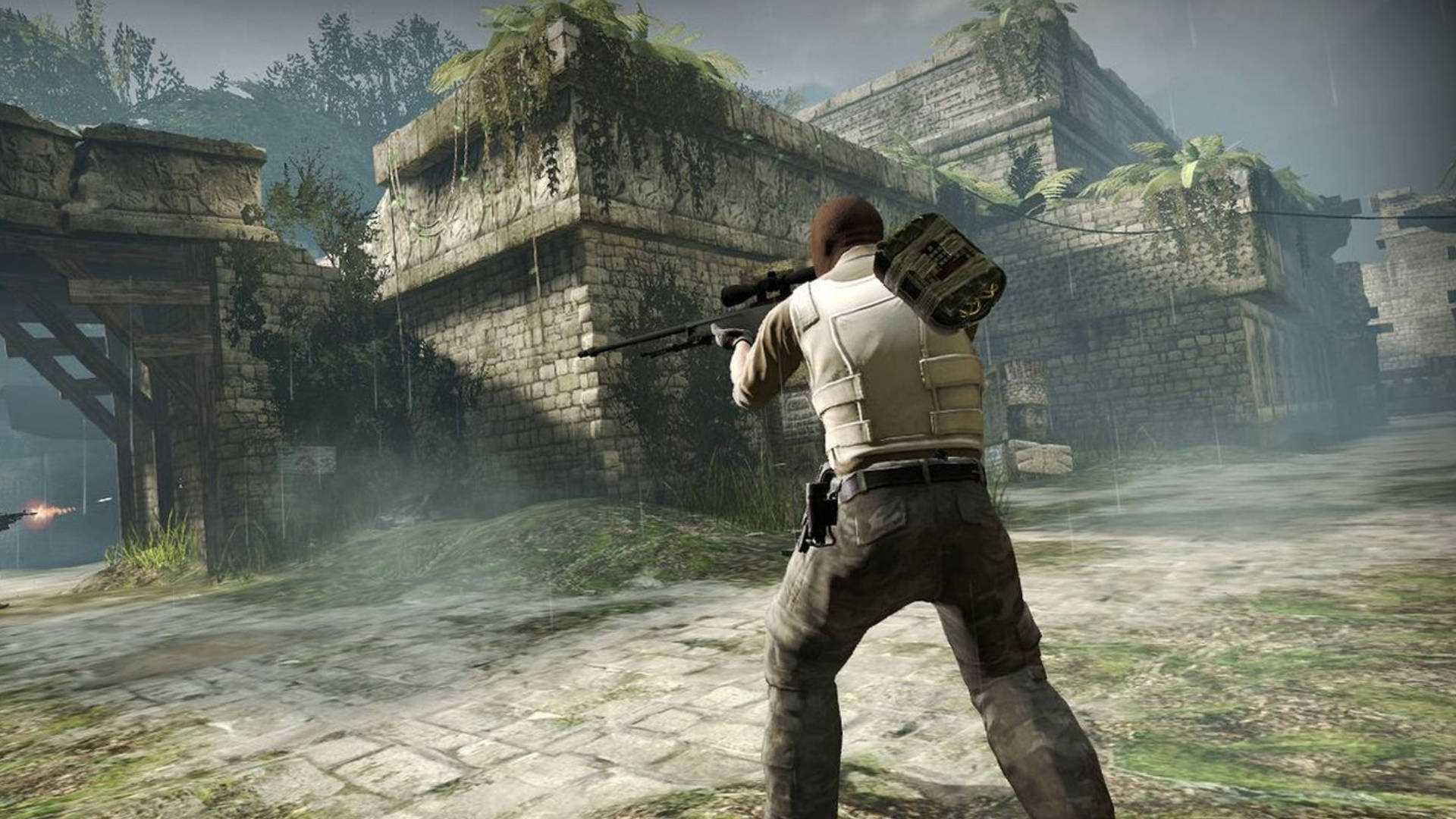 A Man Is Shooting A Gun In A Video Game Background