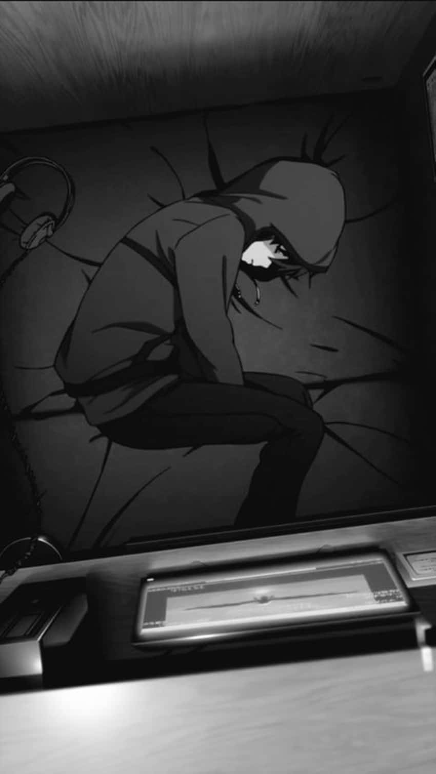A Man Is Sitting In A Dark Room With A Hoodie Background