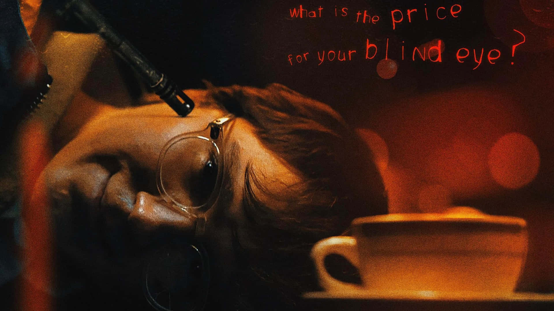 A Man Is Sitting In Front Of A Coffee Cup With The Words What Is The Price Of Your Blind Eye Background
