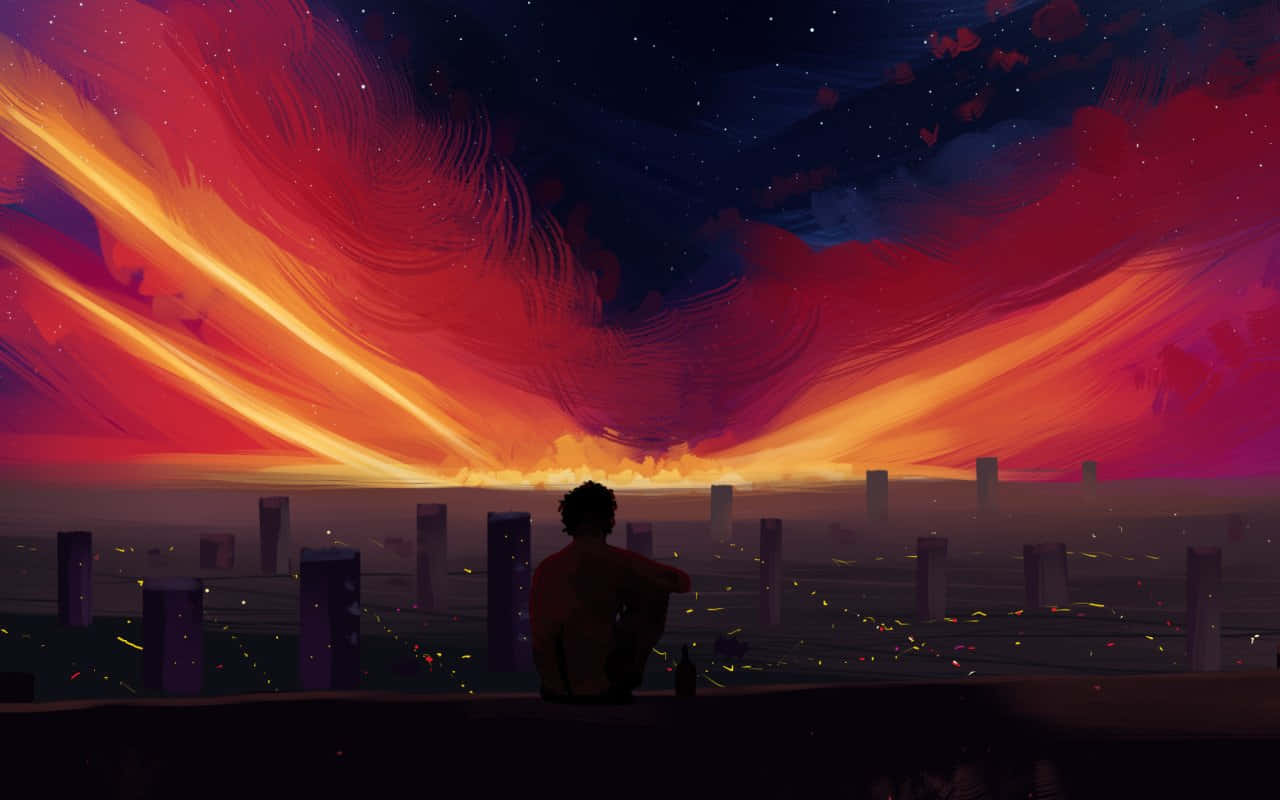A Man Is Sitting On A Ledge Looking At The Sky Background