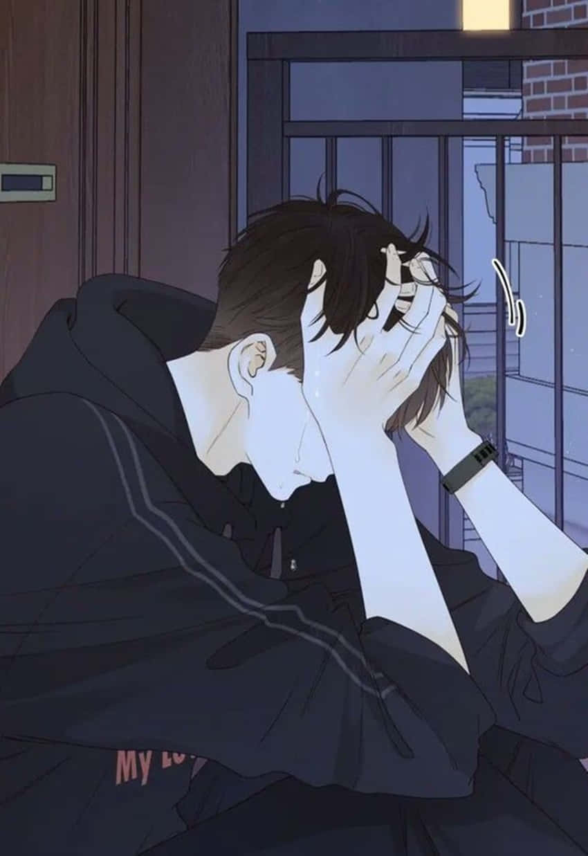A Man Is Sitting On The Floor With His Head On His Head Background
