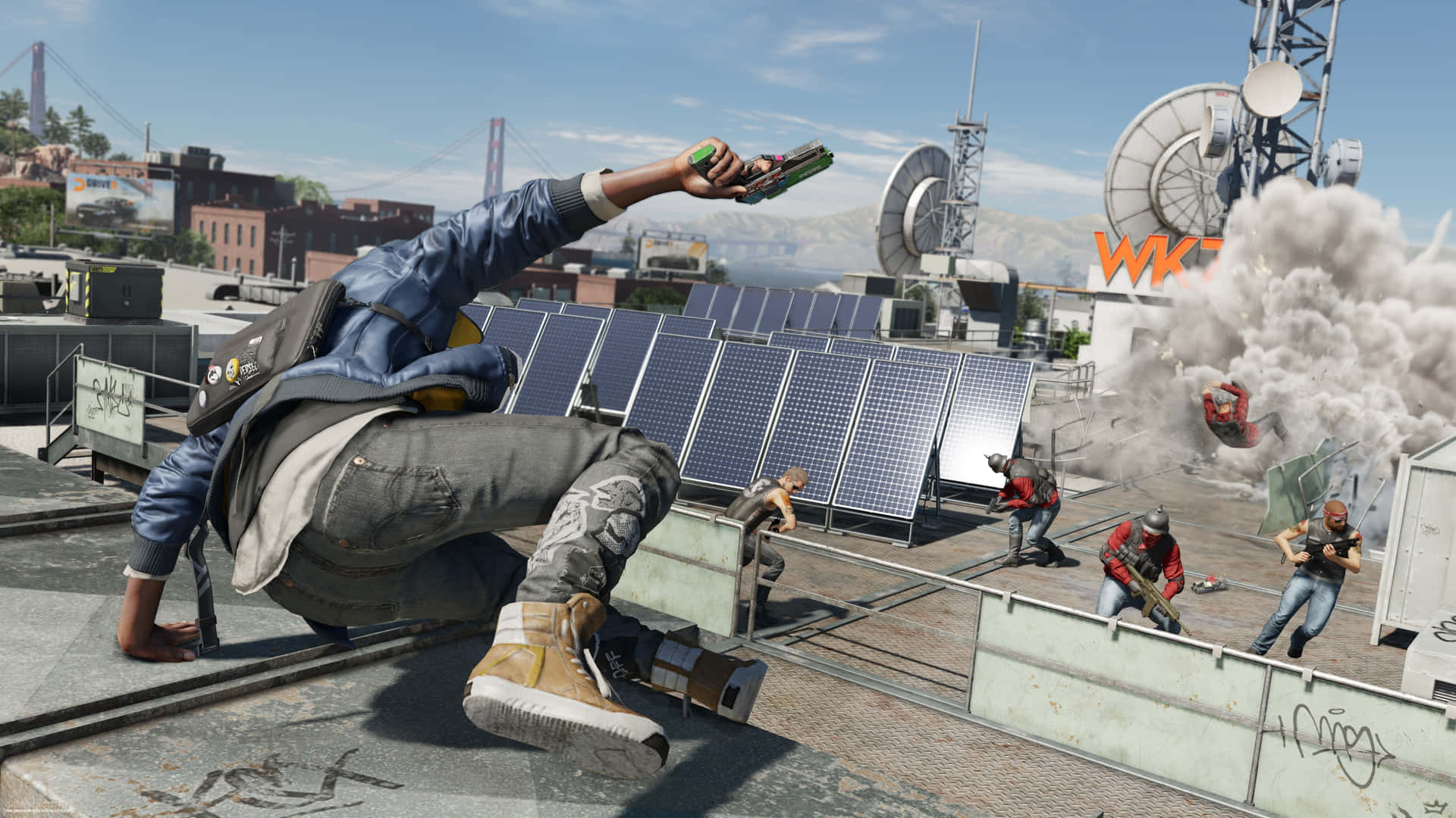 A Man Is Skateboarding On A Rooftop Background