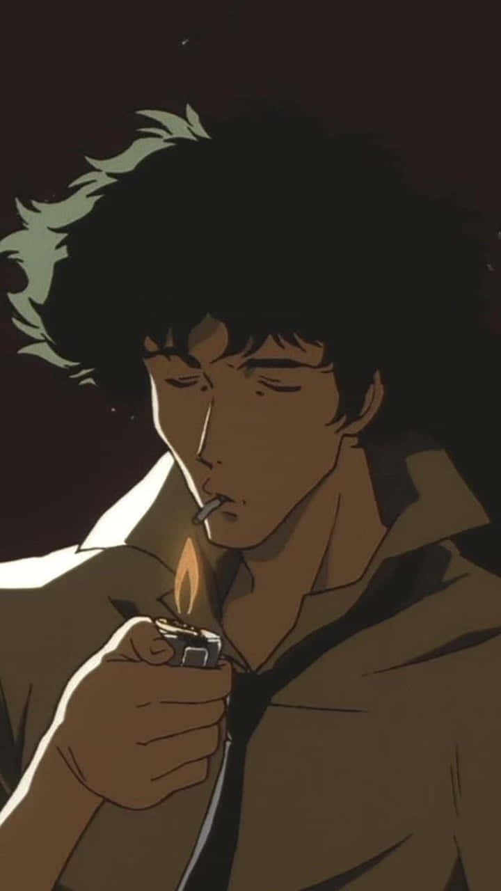 A Man Is Smoking A Cigarette In An Anime Background