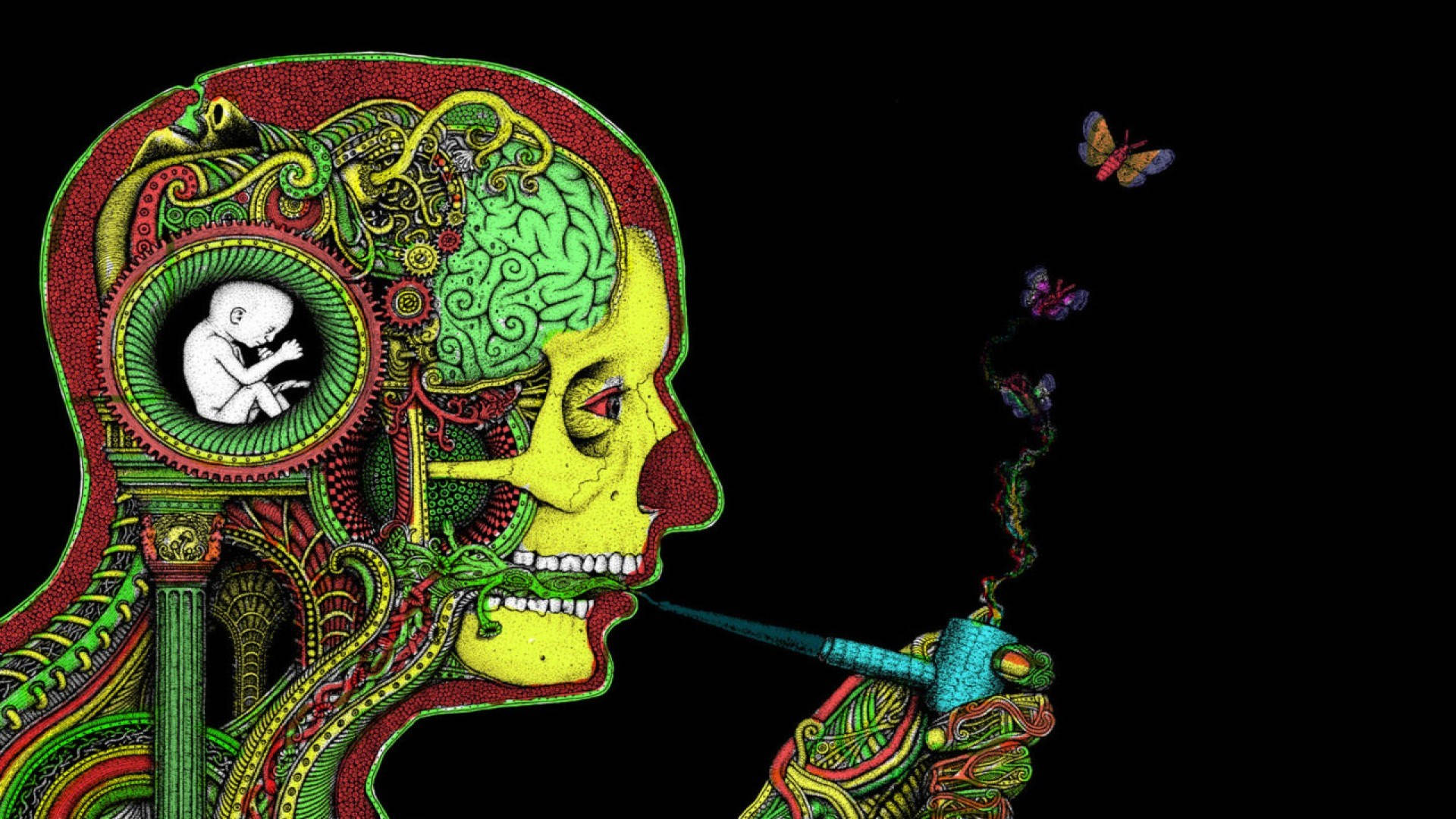 A Man Is Smoking A Cigarette With A Skull And Butterflies Background