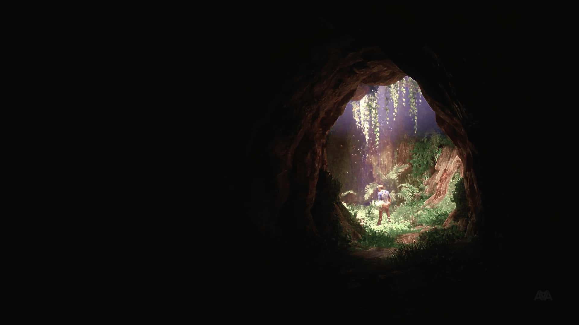 A Man Is Standing In A Cave With A Light Shining On Him Background