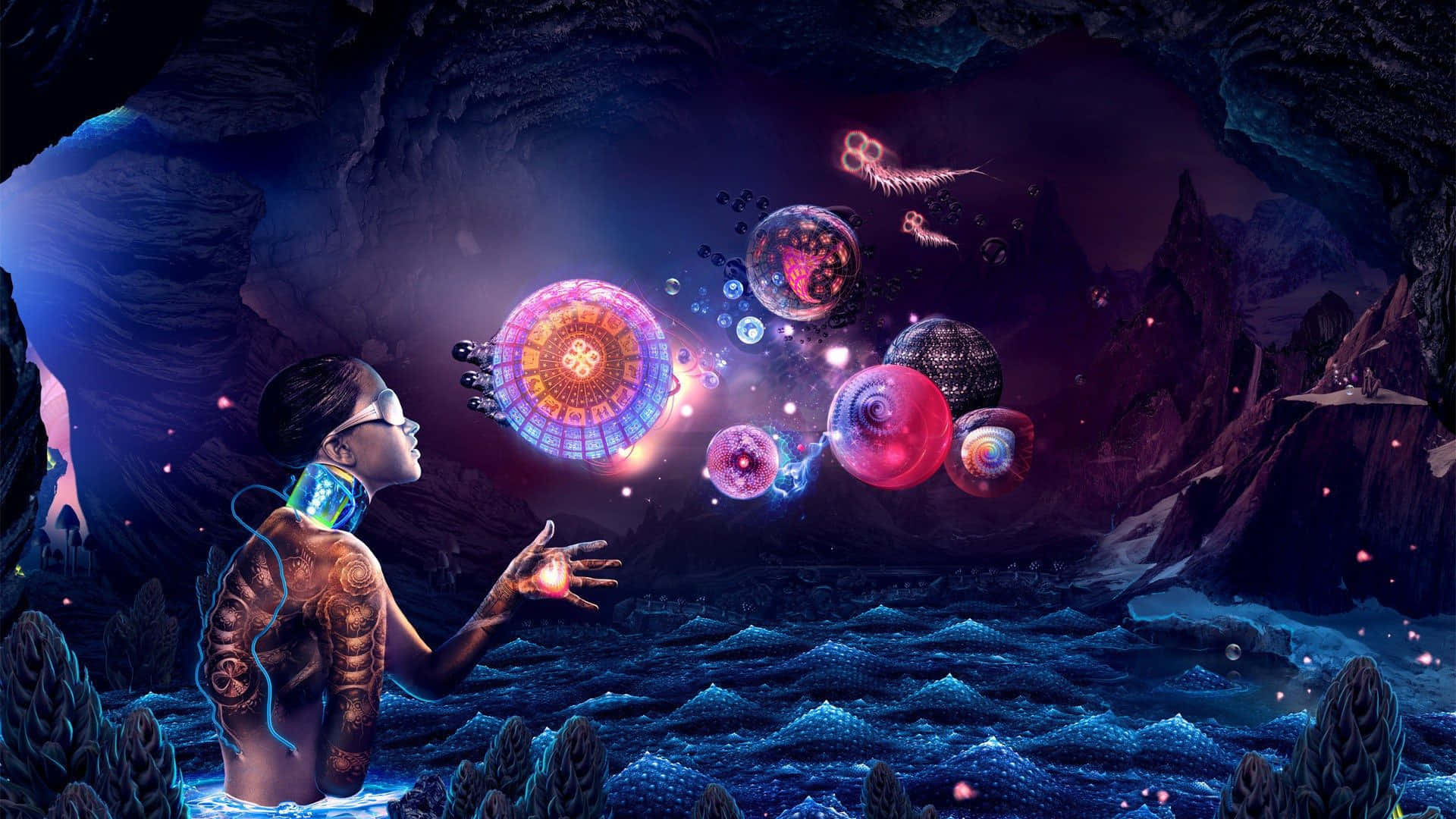 A Man Is Standing In A Cave With A Lot Of Spaceships Background