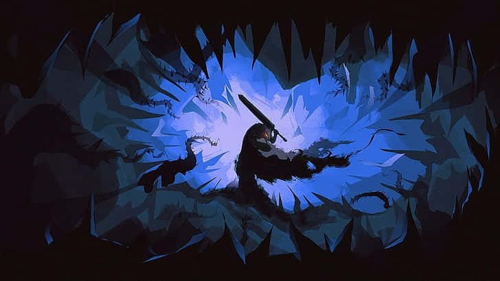 A Man Is Standing In A Cave With A Sword