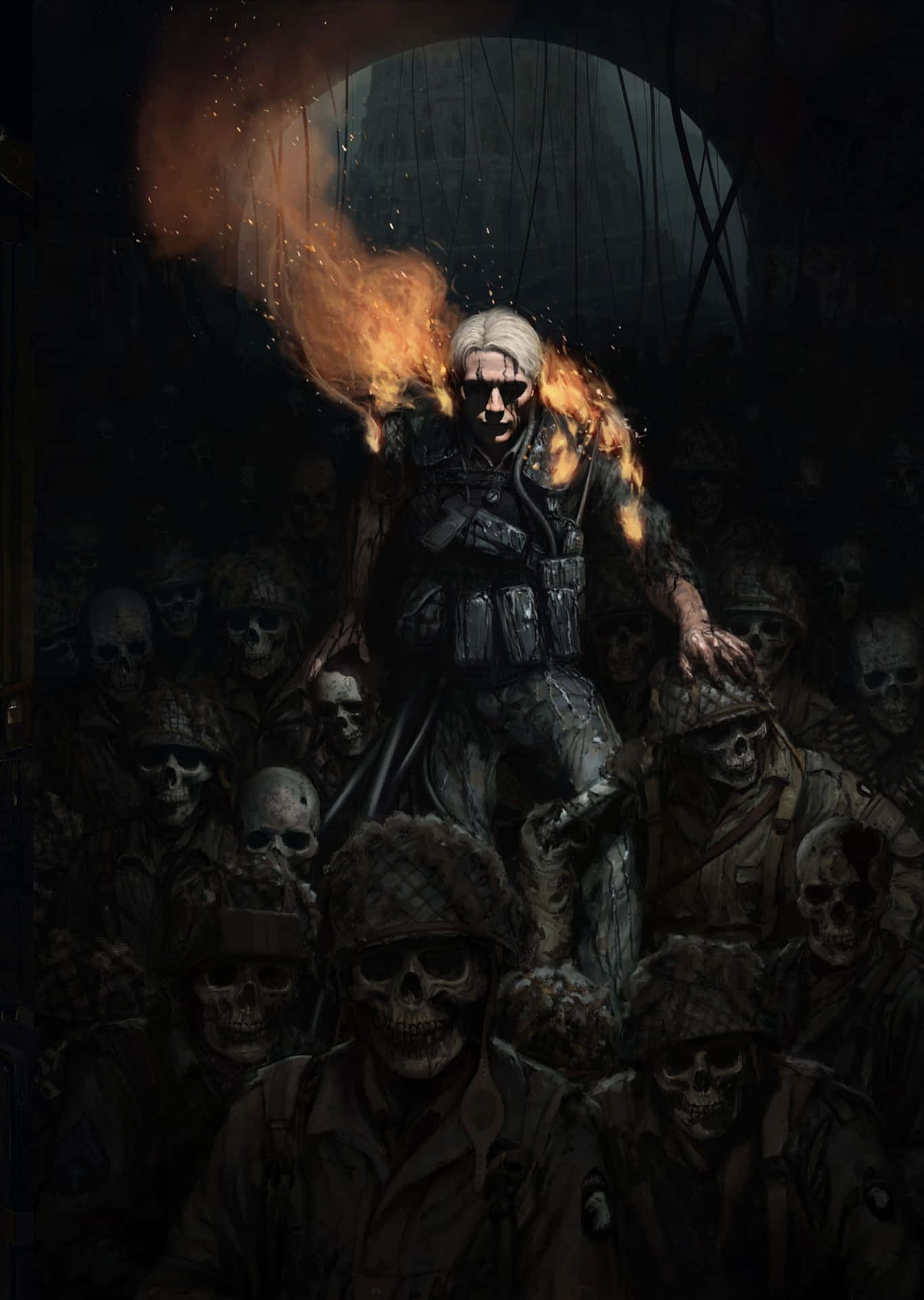 A Man Is Standing In A Dark Room With A Group Of Zombies Background