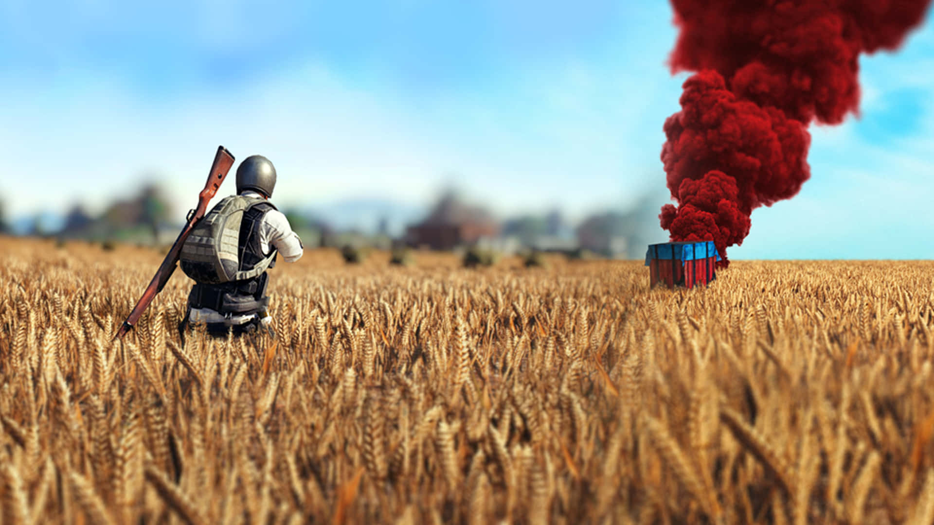 A Man Is Standing In A Field With A Red Smoke Coming Out Of His Mouth Background