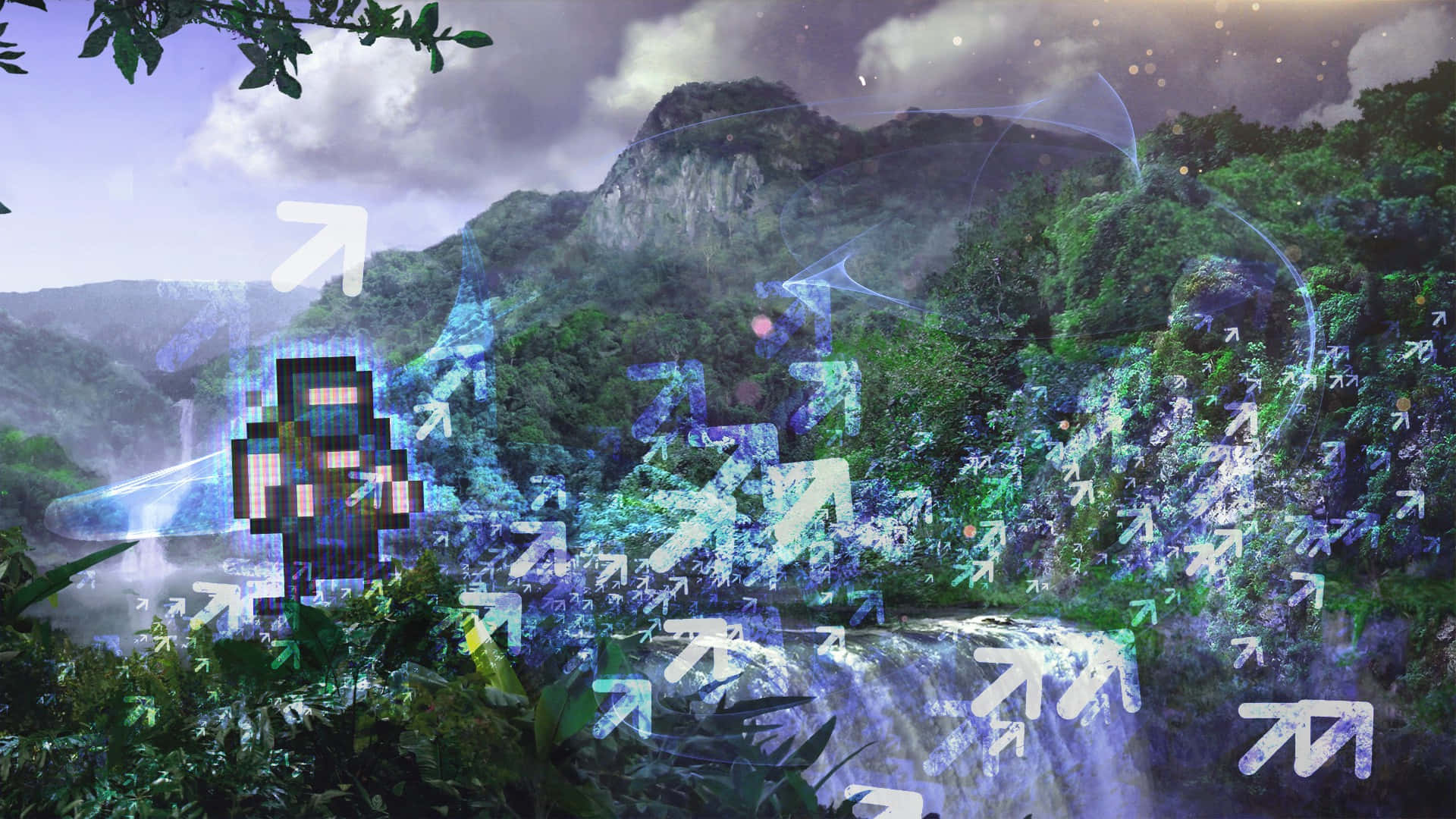 A Man Is Standing In A Forest With A Waterfall