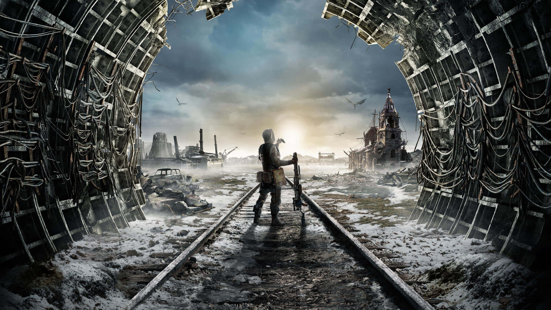 A Man Is Standing In A Tunnel With A Gun Background