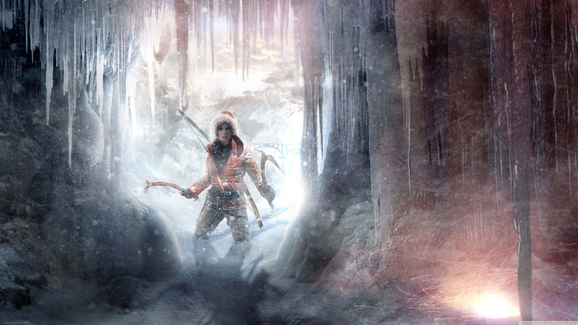 A Man Is Standing In An Icy Cave Background