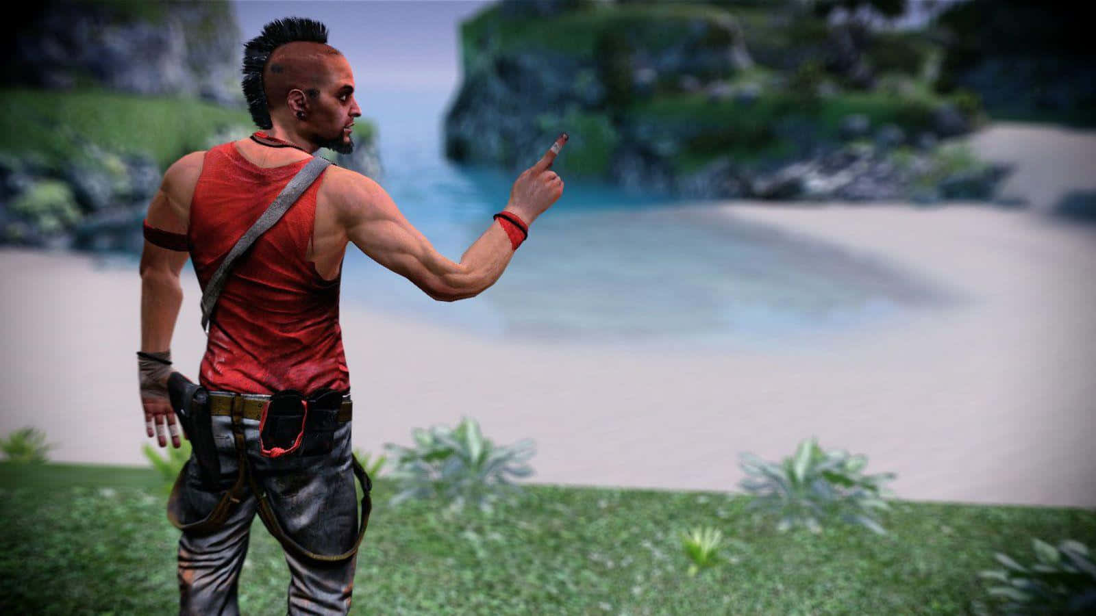 A Man Is Standing In Front Of A Beach Background