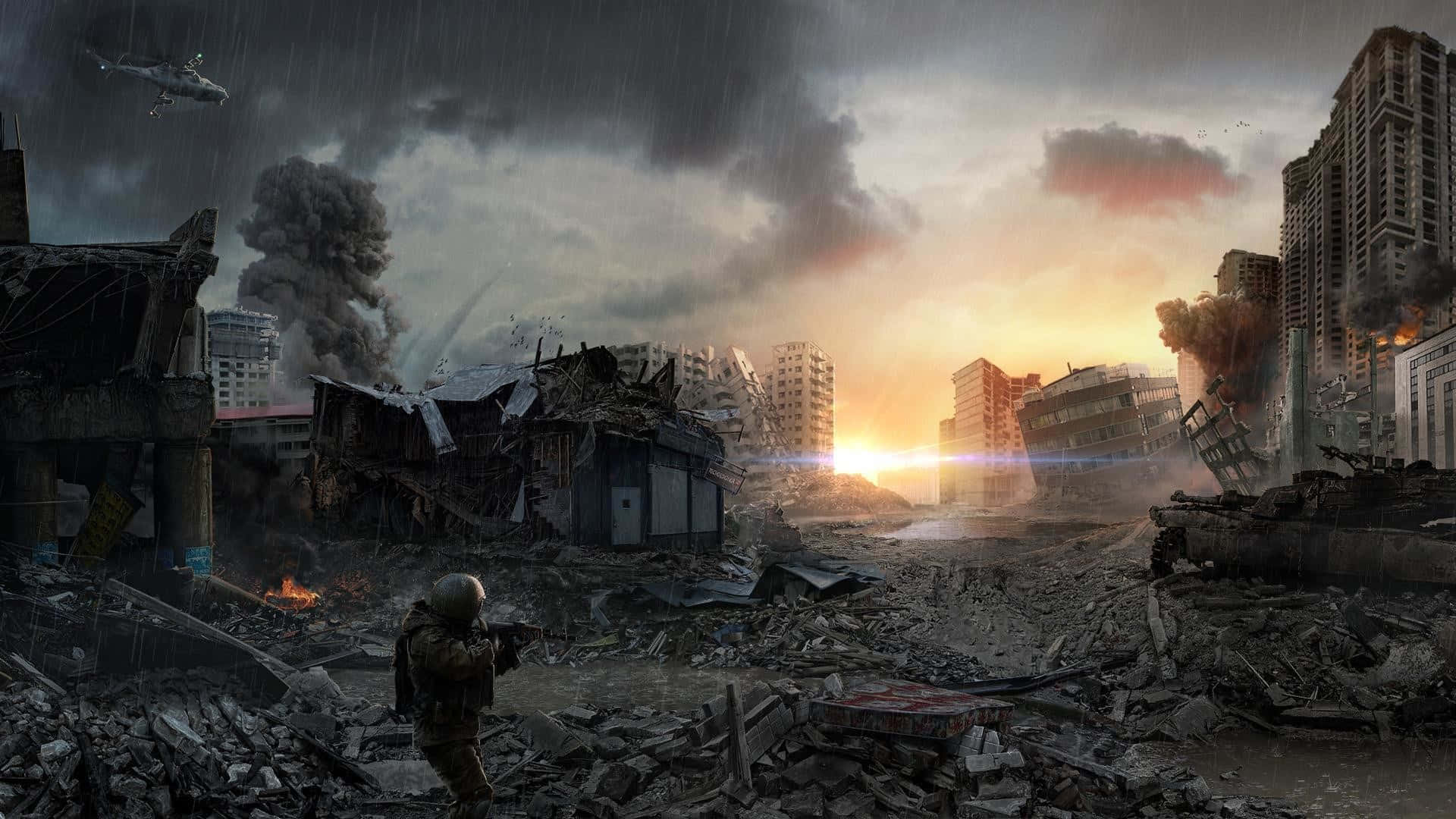 A Man Is Standing In Front Of A Destroyed City Background