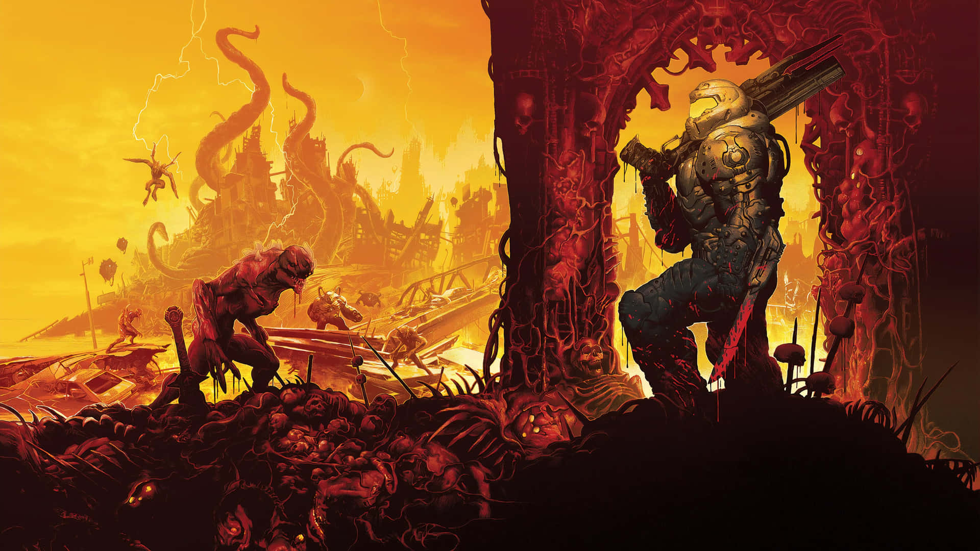 A Man Is Standing In Front Of A Door With A Monster In The Background Background